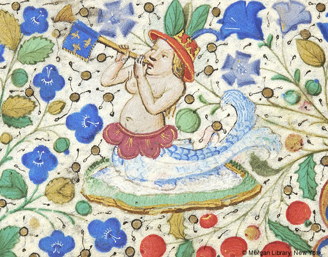 Medieval manuscript art of a bare-breasted mermaid wearing a red hat and a gold crown, playing a long trumpet with a French banner.